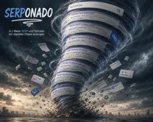 SERPonado_Semotion Ein gewaltiger digitaler Tornado aus Suchergebnissen, Links und SERP-Elementen wirbelt über einer Stadtlandschaft unter dunklen Gewitterwolken. Der Begriff „Serponado“ verbindet die Dynamik eines Tornados mit dem Chaos moderner Suchmaschinen-Ergebnisseiten.