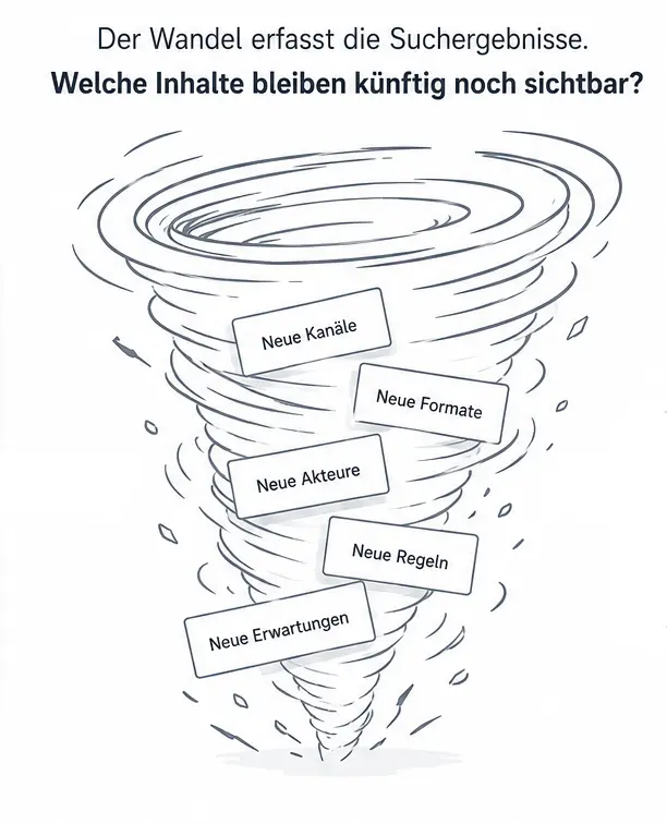 serponado_grafik_2026_wandel_in_den_suchergebnissen Schaubild zum Serponado-Effekt im SEO: Ein Tornado symbolisiert die starke Dynamik von Suchergebnissen.